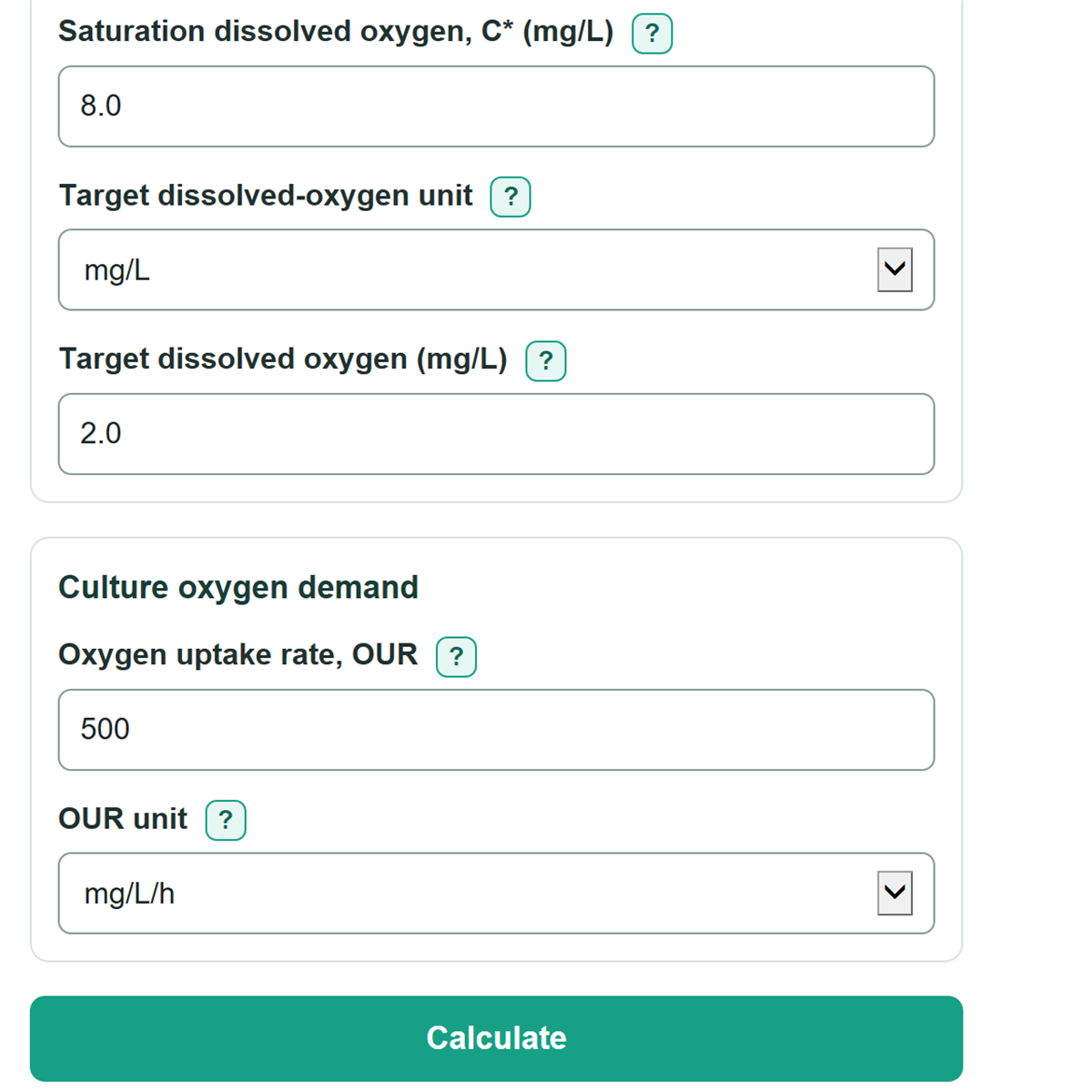 Example inputs for Bioreactor Oxygen Transfer Rate, OUR and kLa Capacity Calculator