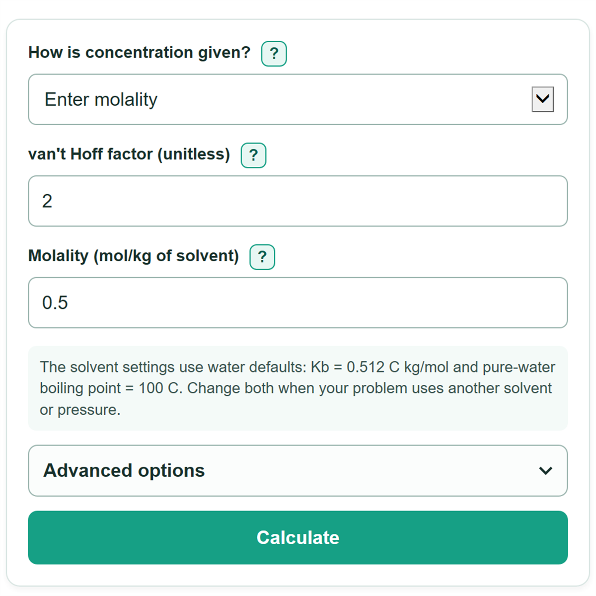 Example inputs for Boiling Point Elevation Calculator