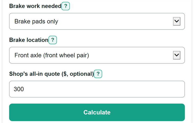 Example inputs for Brake Pad Replacement Cost Calculator