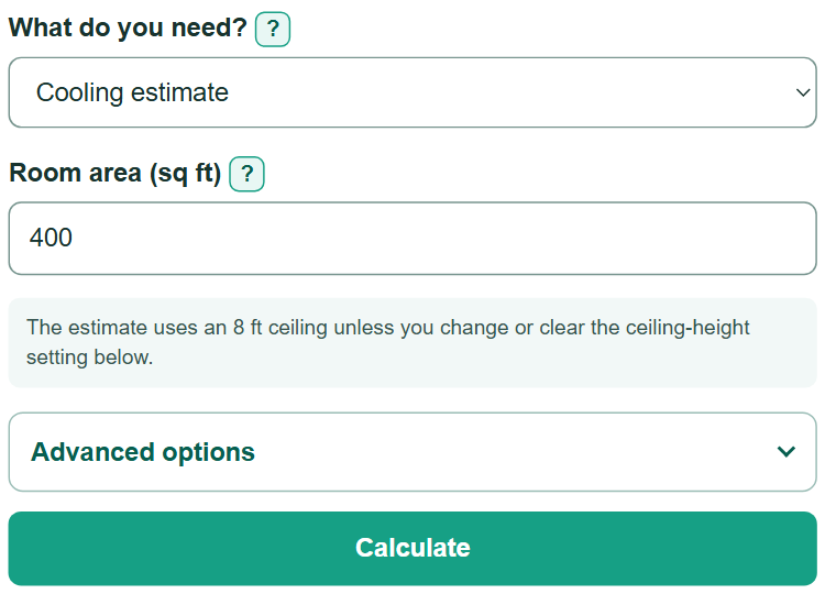 Example inputs for BTU Calculator
