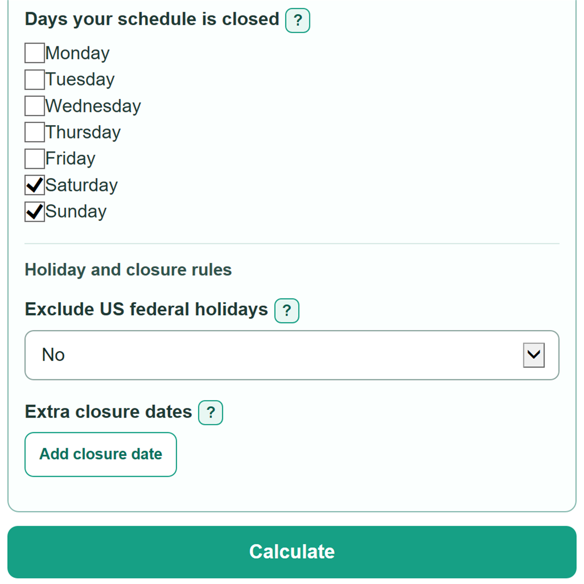 Example inputs for Business Days Calculator