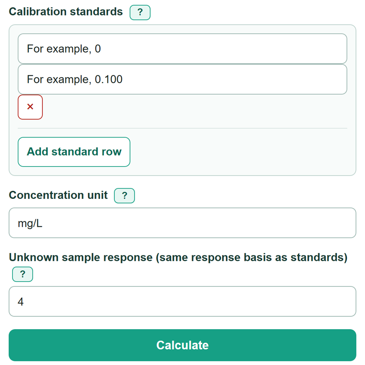 Example inputs for Calibration Curve Calculator