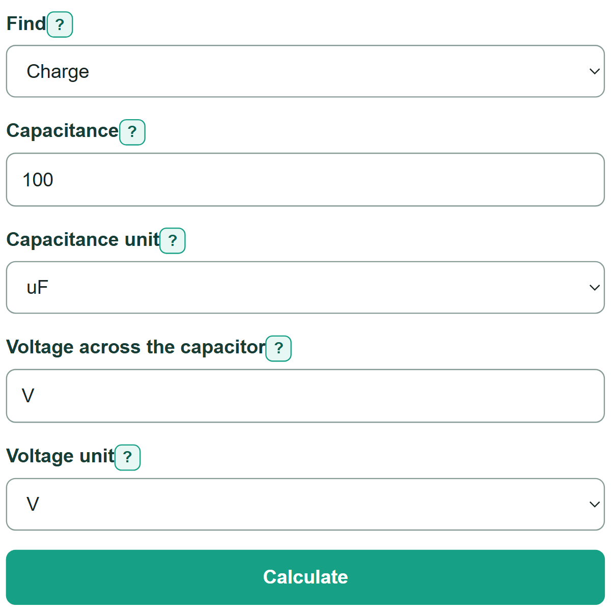 Example inputs for Capacitor Charge Calculator