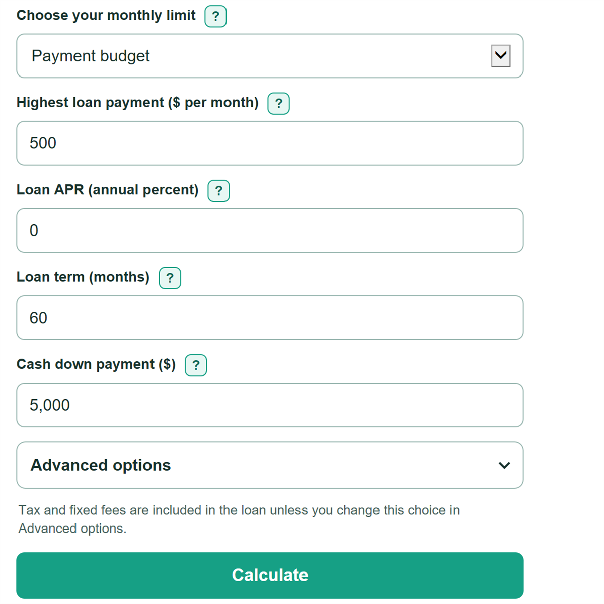 Example inputs for Car Affordability Calculator