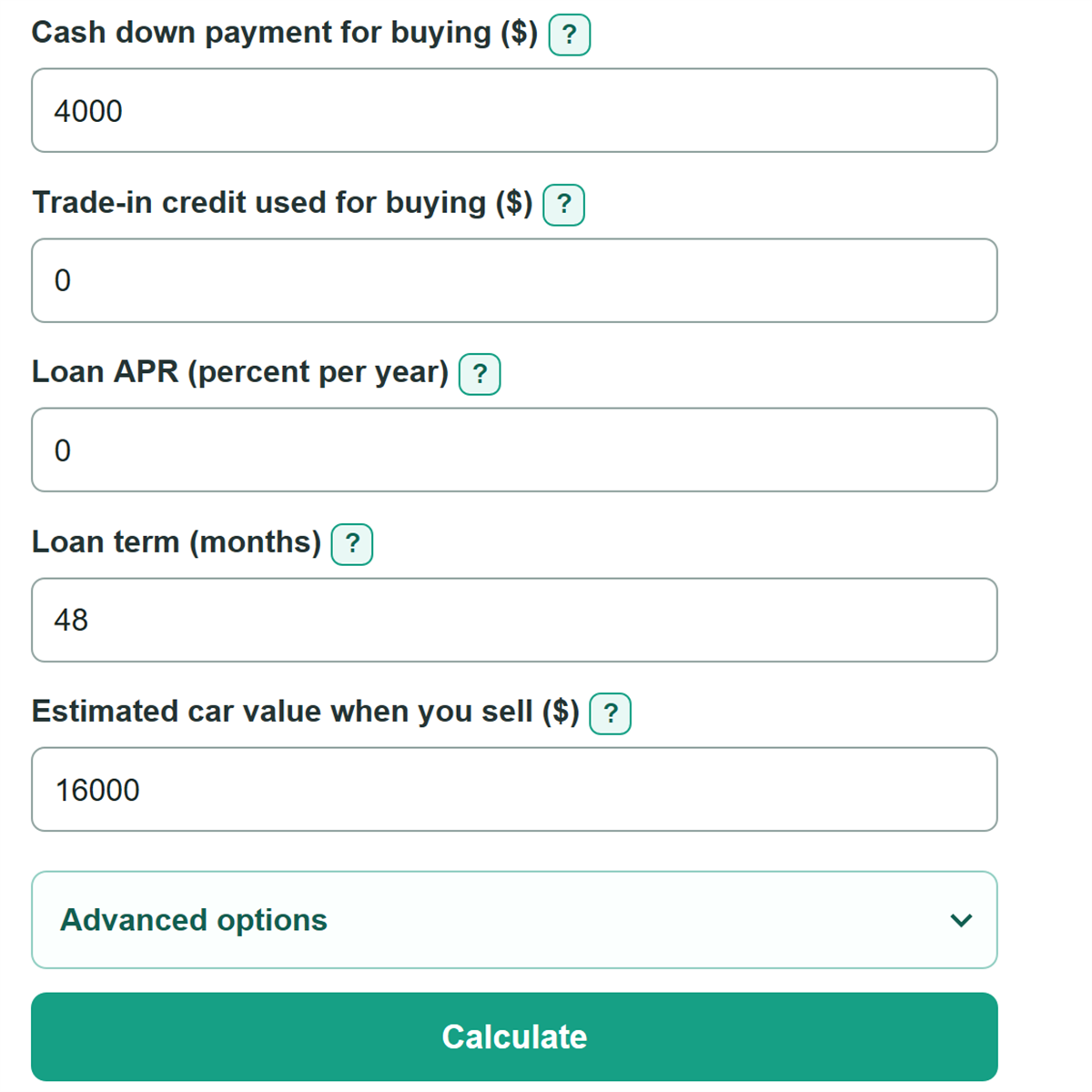 Example inputs for Car Lease vs Buy Calculator