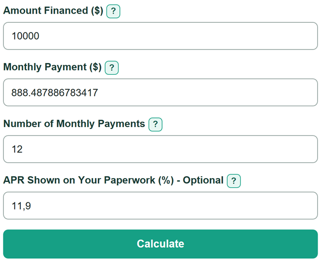 Example inputs for Car Loan APR Calculator