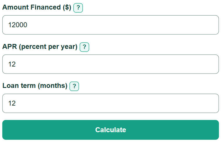 Example inputs for Car Loan Interest Calculator