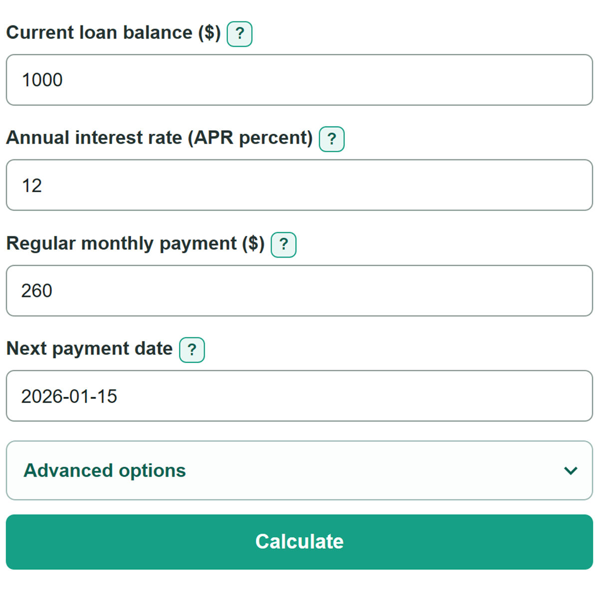 Example inputs for Car Loan Payoff Calculator