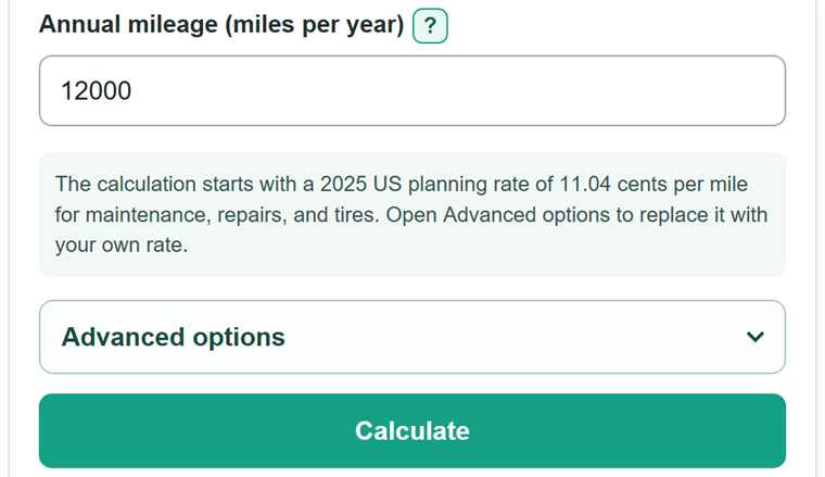 Example inputs for Car Maintenance Cost Calculator