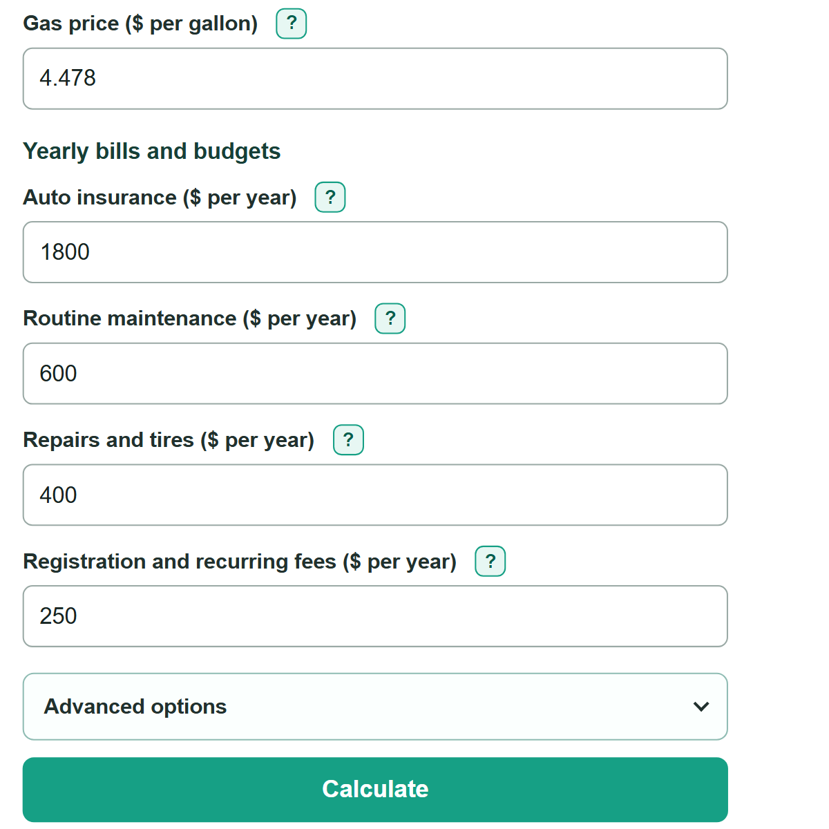 Example inputs for Car Ownership Cost Calculator