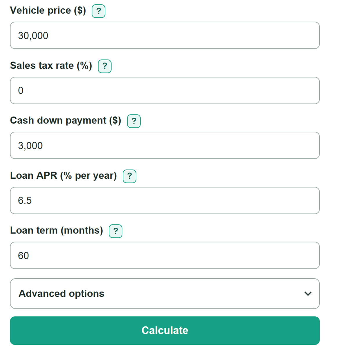 Example inputs for Car Payment Calculator
