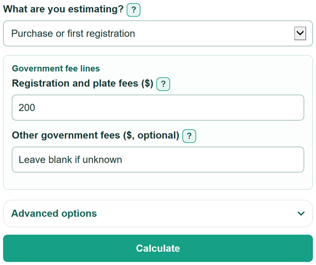 Example inputs for Car Registration Cost Calculator
