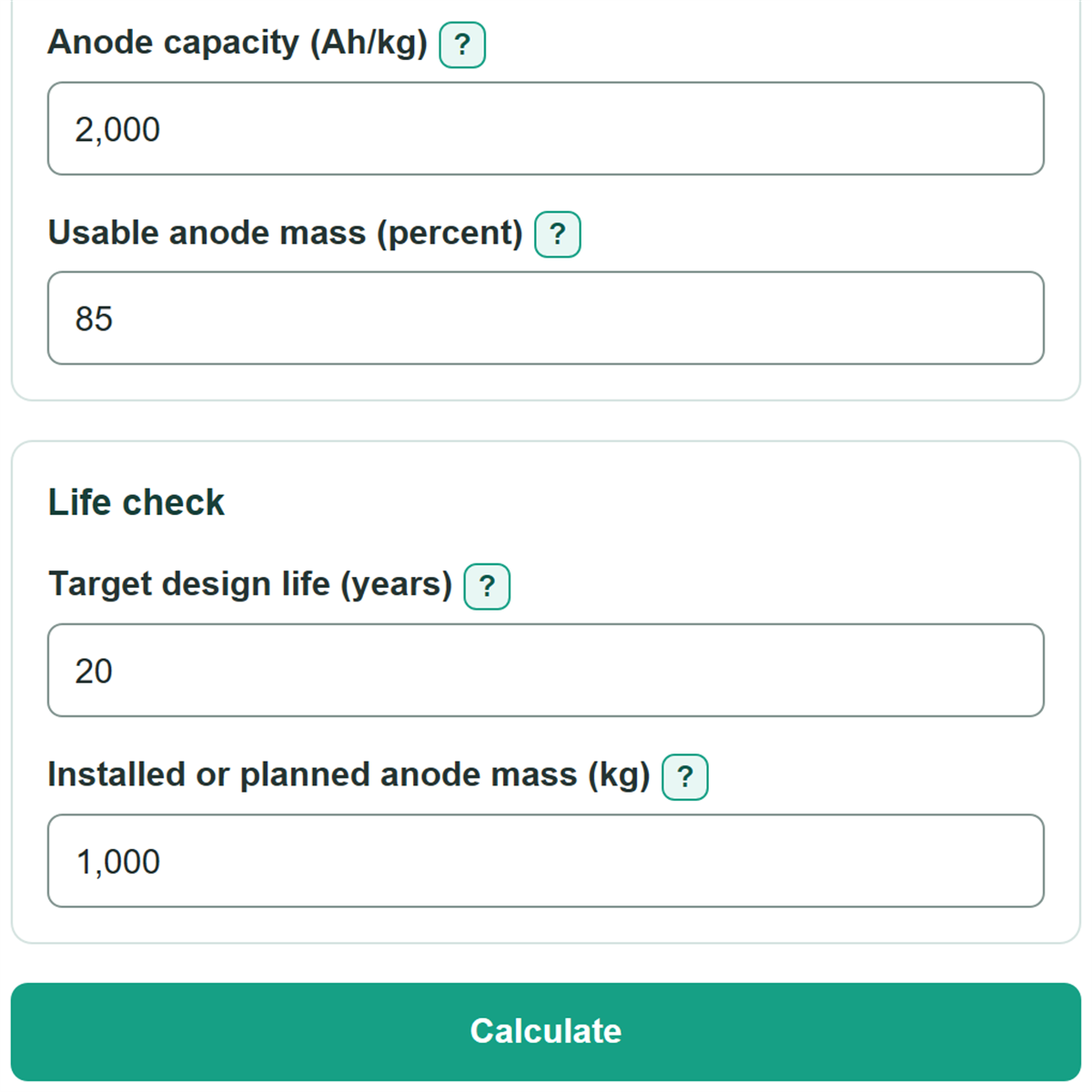Example inputs for Cathodic Protection Anode Mass Calculator