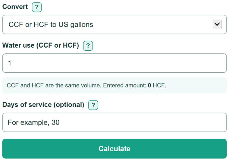Example inputs for CCF to Gallons Conversion Calculator