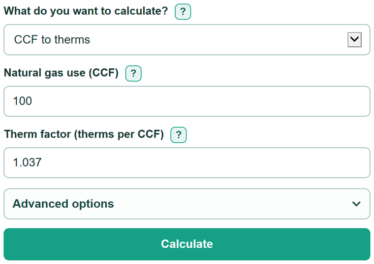 Example inputs for CCF to Therms Calculator
