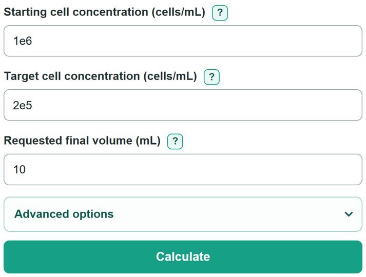 Example inputs for Cell Dilution Calculator