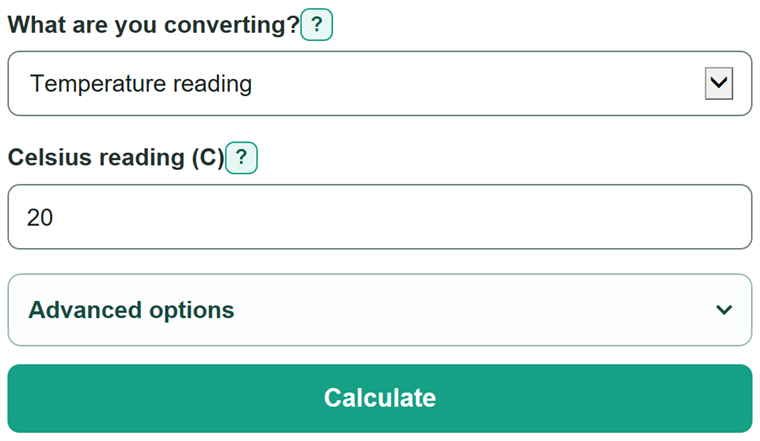 Example inputs for Celsius to Fahrenheit Converter