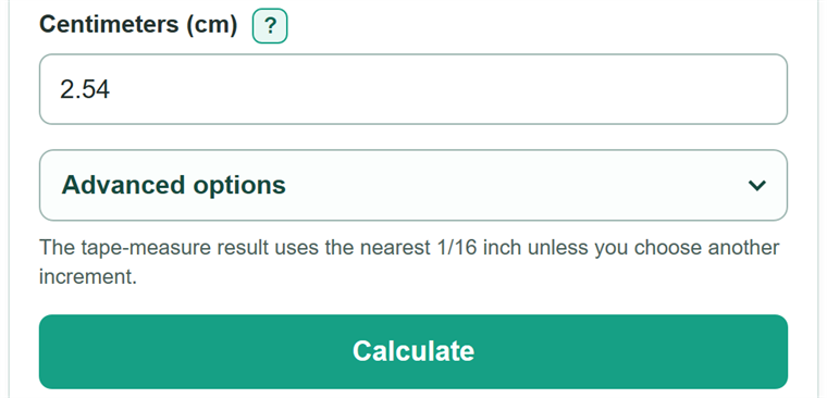 Example inputs for Centimeters to Inches Converter