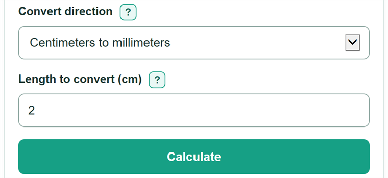 Example inputs for Centimeters to Millimeters Converter