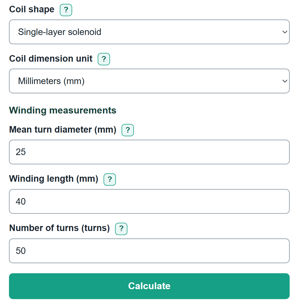 Example inputs for Coil Inductance Calculator