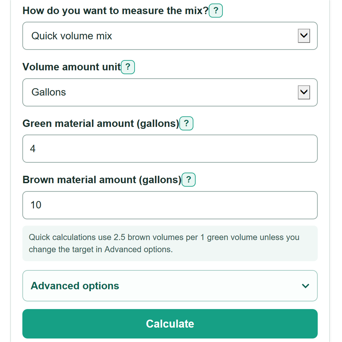 Example inputs for Compost Calculator