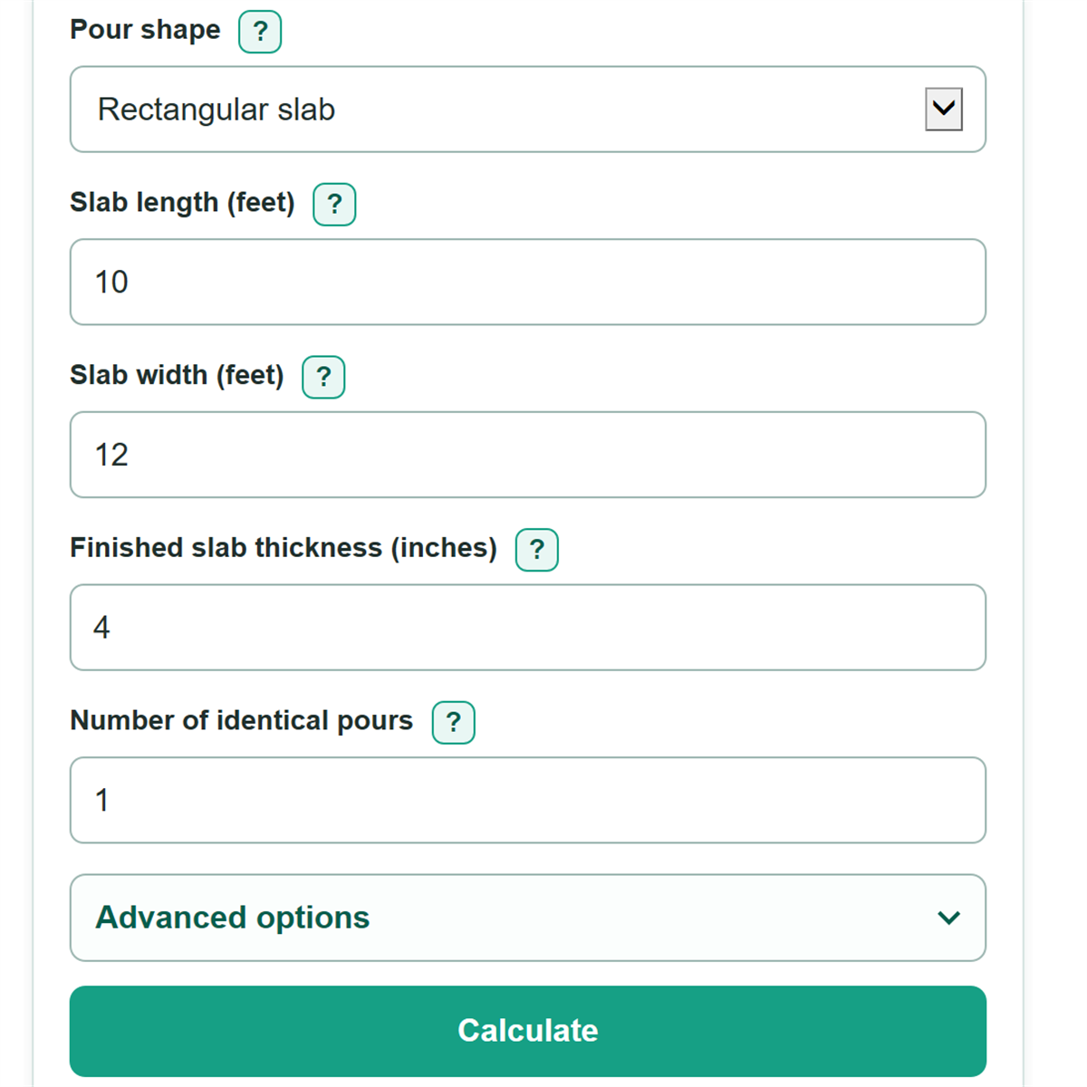 Example inputs for Concrete Calculator