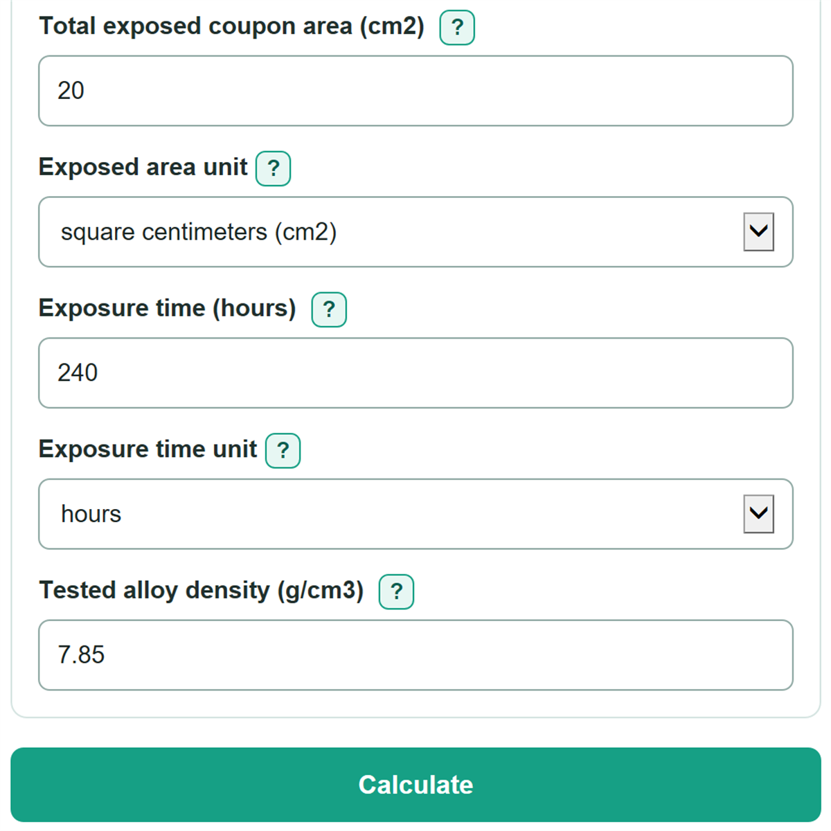 Example inputs for Corrosion Coupon Weight Loss and Remaining Life Calculator