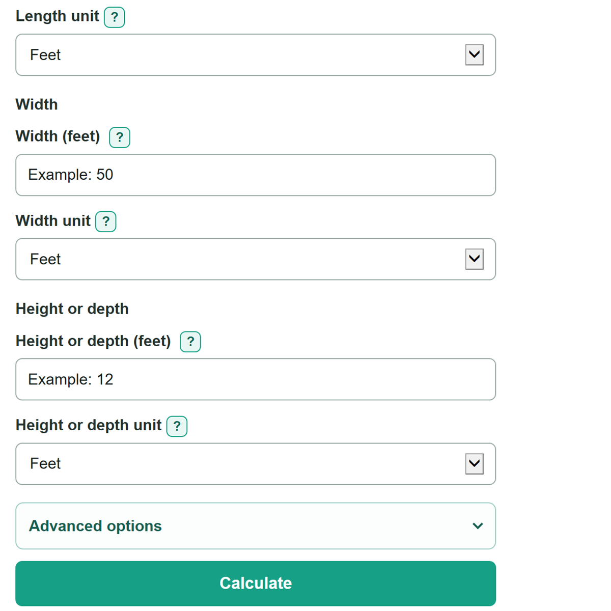 Example inputs for Cubic Feet Calculator
