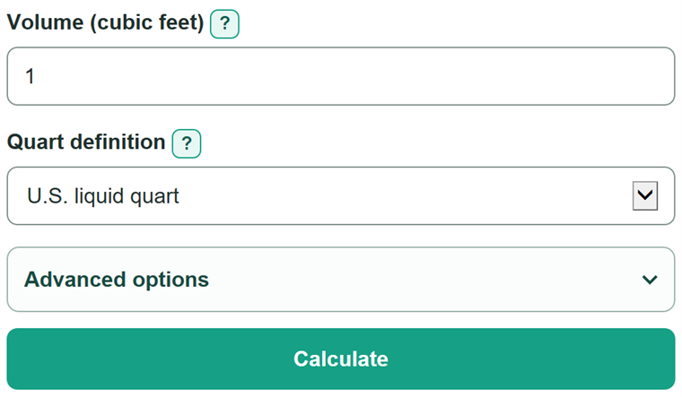 Example inputs for Cubic Feet to Quarts Converter