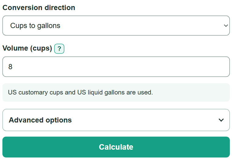 Example inputs for Cups to Gallons Converter