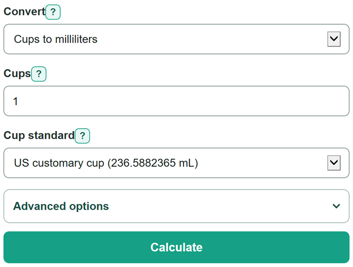 Example inputs for Cups to mL Converter