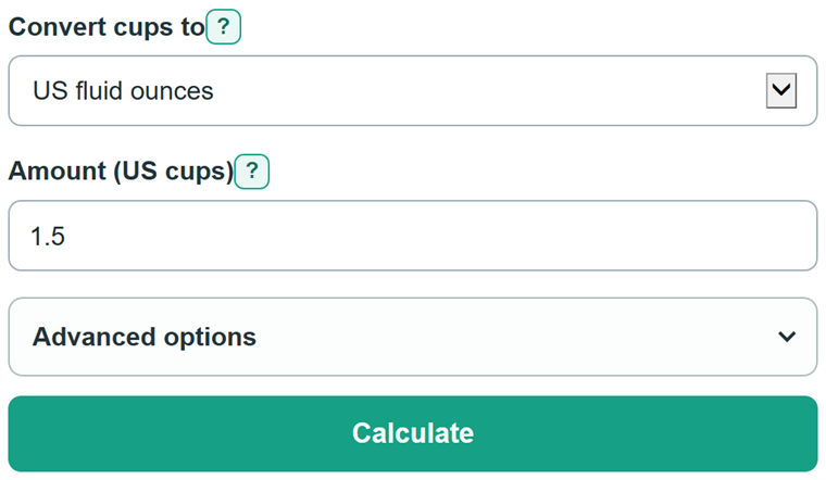 Example inputs for Cups to Ounces Converter