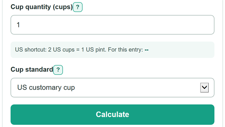 Example inputs for Cups to Pints Converter