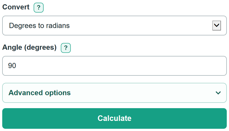 Example inputs for Degrees to Radians Converter