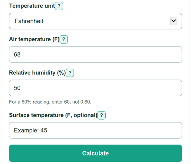 Example inputs for Dew Point Calculator