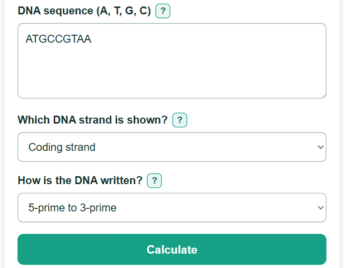 Example inputs for DNA to mRNA Converter