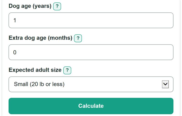 Example inputs for Dog Age Calculator