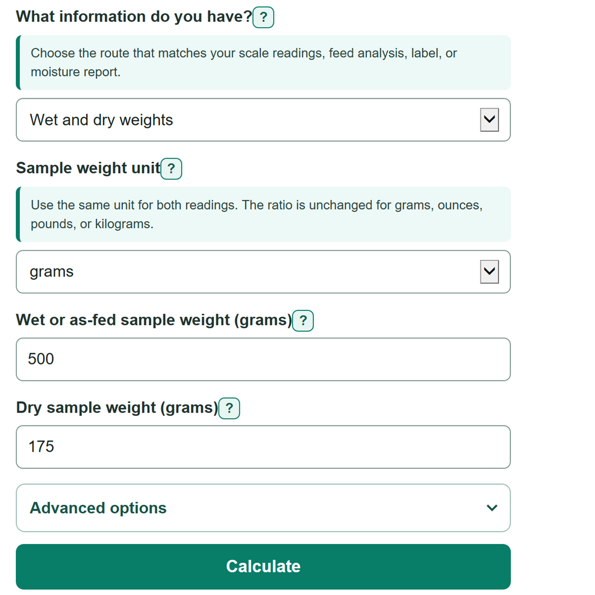 Example inputs for Dry Matter Calculator
