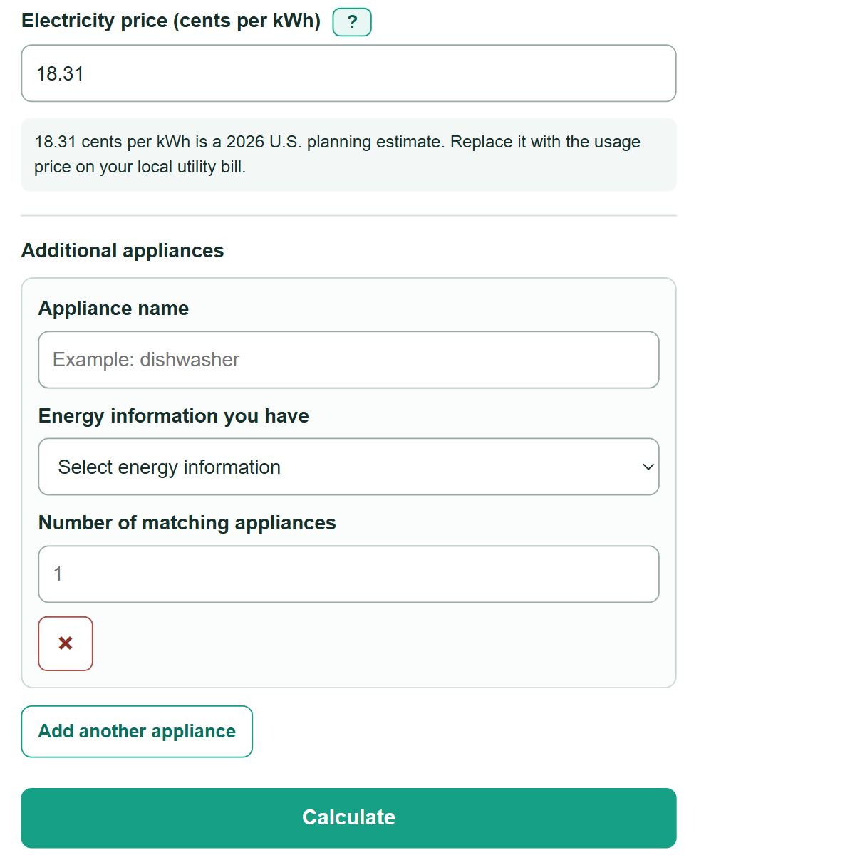 Example inputs for Electricity Calculator