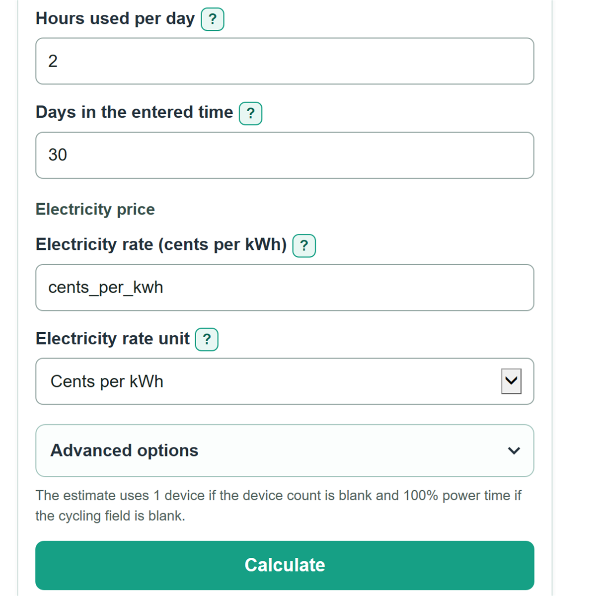 Example inputs for Electricity Cost Calculator