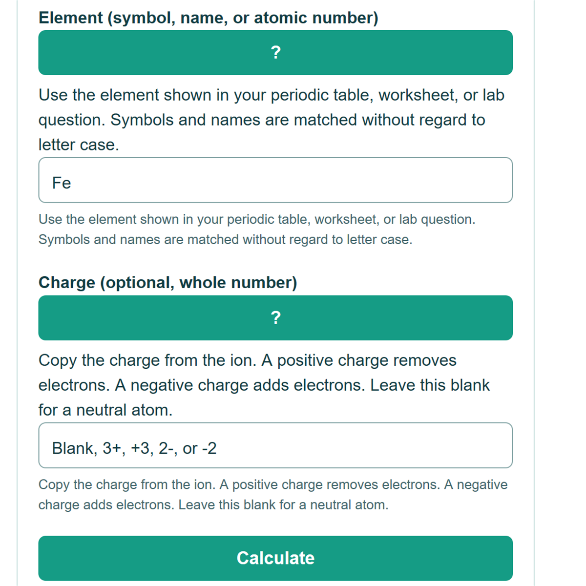 Example inputs for Electron Configuration Calculator