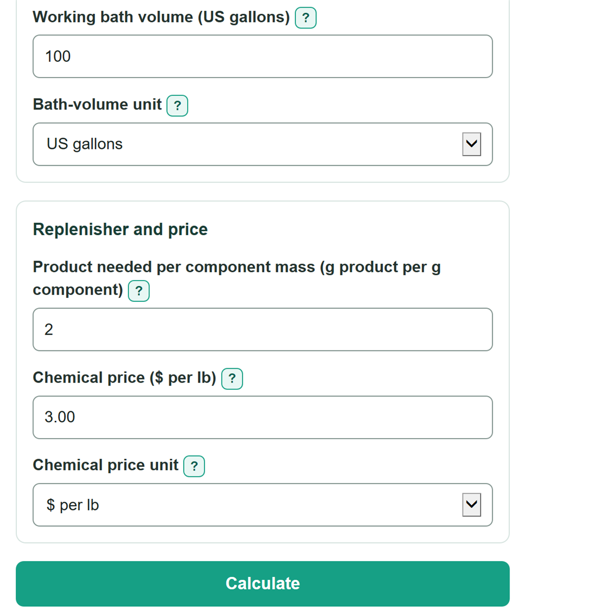 Example inputs for Electroplating Bath Replenishment Cost Calculator