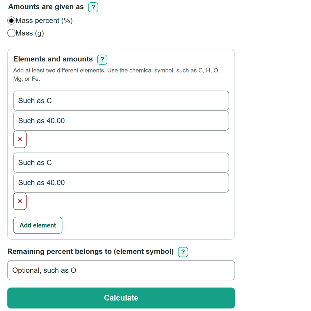 Example inputs for Empirical Formula Calculator