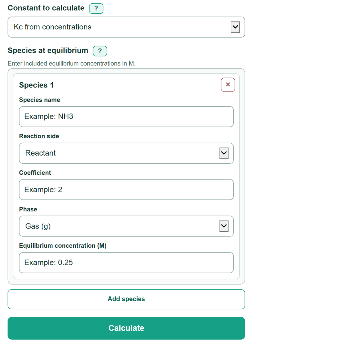 Example inputs for Equilibrium Constant Calculator