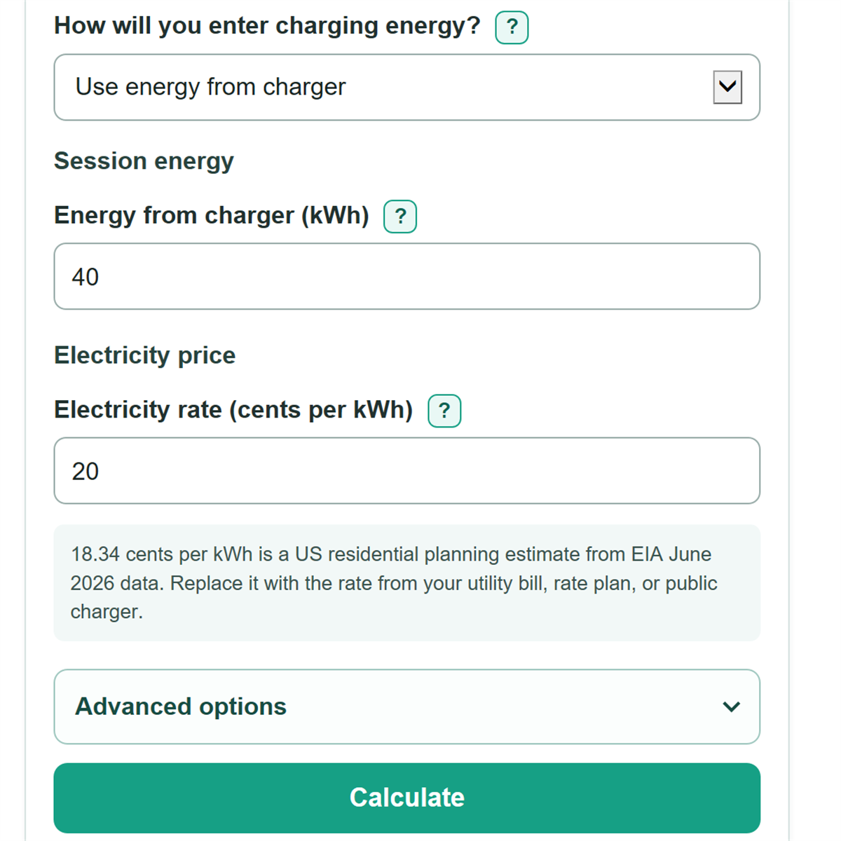Example inputs for EV Charging Cost Calculator