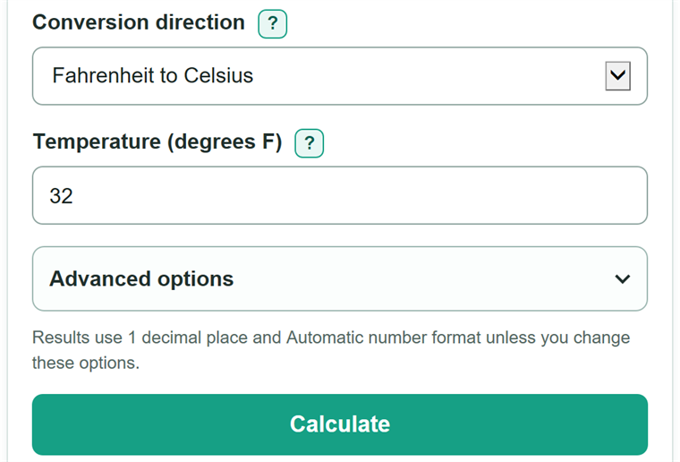 Example inputs for Fahrenheit to Celsius Converter