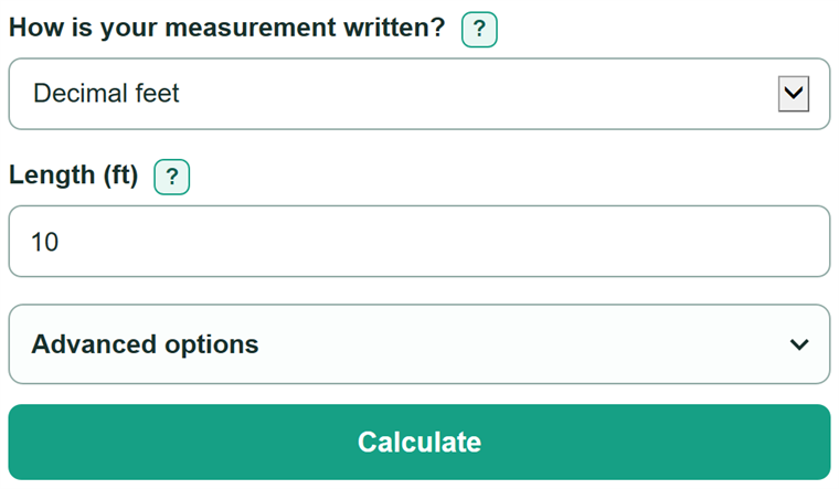Example inputs for Feet to Meters Converter