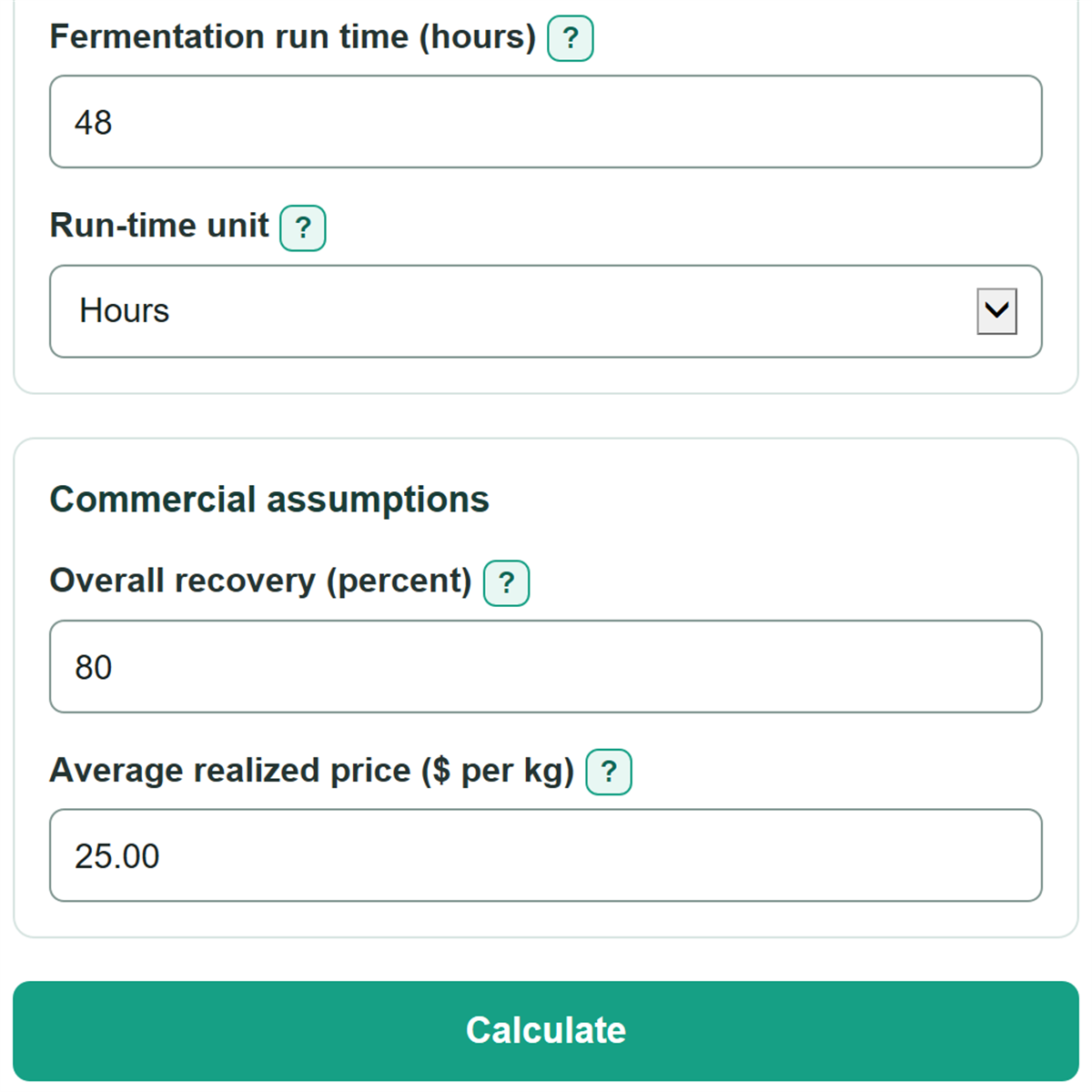 Example inputs for Fermentation Titer, Yield and Batch Revenue Calculator