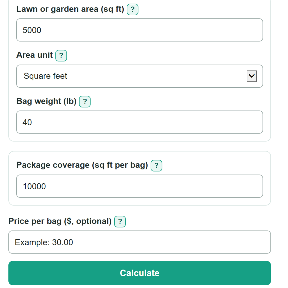 Example inputs for Fertilizer Calculator