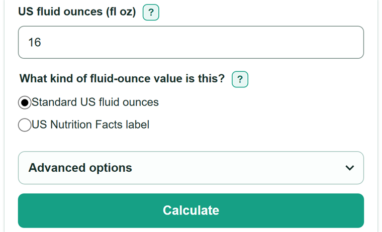 Example inputs for Fluid Ounces to Liters Converter